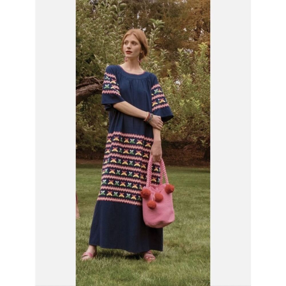 Frances Valentine Butterfly Embroidered Maxi Dress Caftan